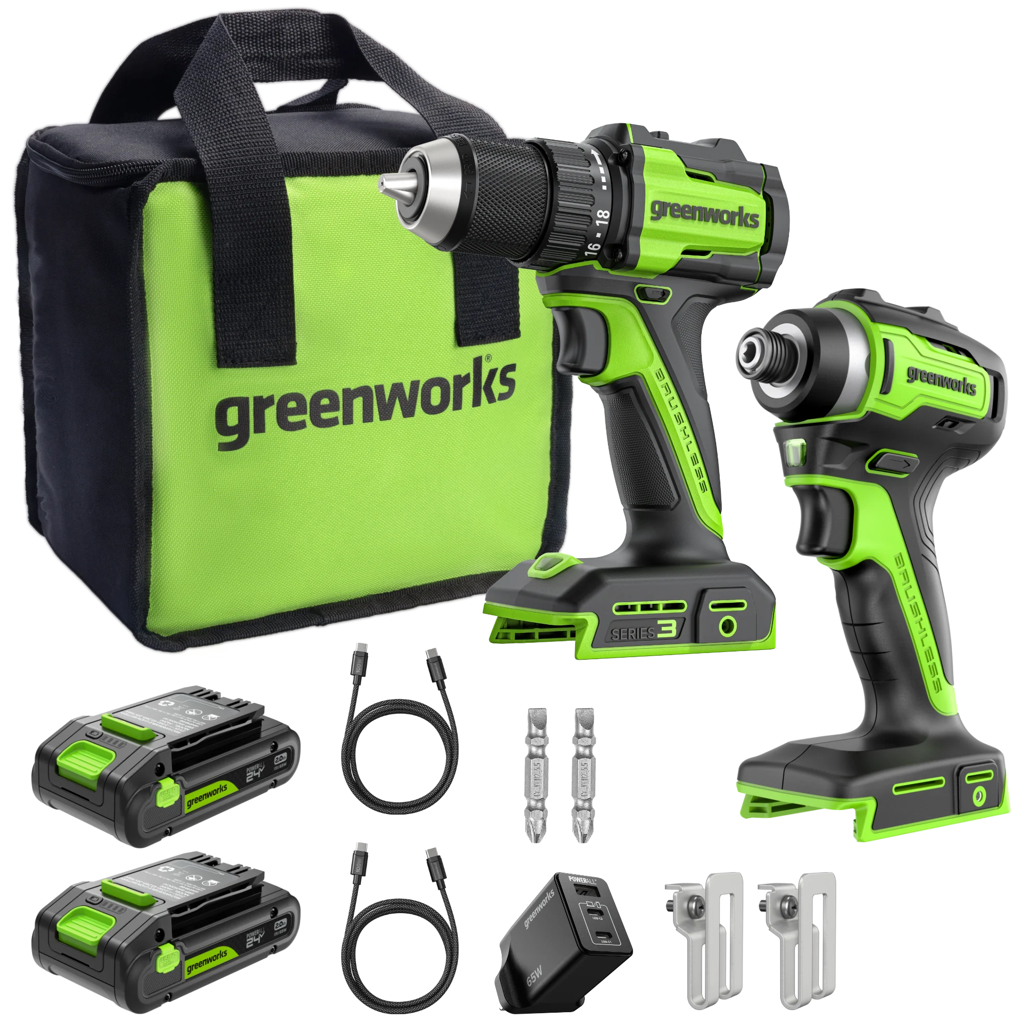 POWERALL 24V Drill Driver 45Nm + Impact Driver 220Nm Set - 2x 2Ah Batteries